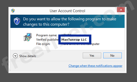 Screenshot where MaxTuneup LLC appears as the verified publisher in the UAC dialog